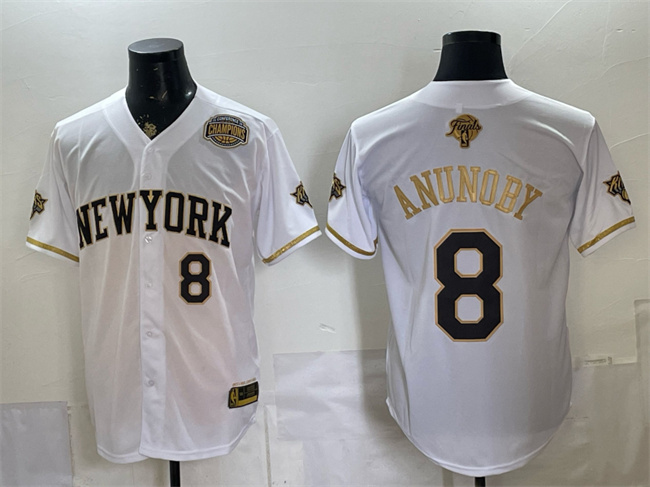 Men's New York Knicks #8 OG Anunoby White Gold 2026 Finals & Eastern Conference Champions Patch Stitched Baseball Jersey